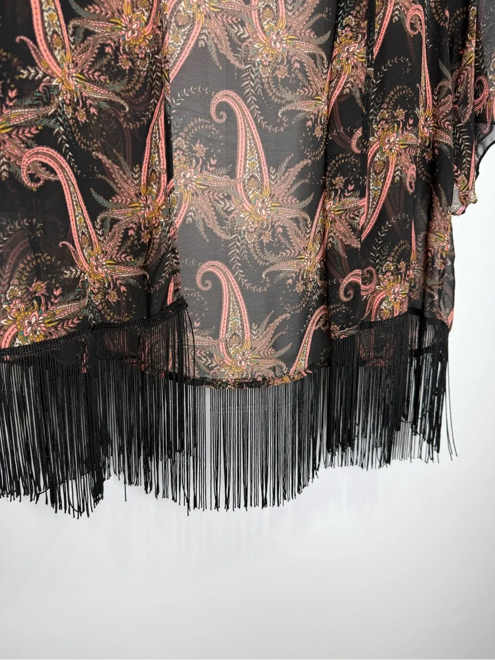 Charlotte Russe Black Paisley Fringe Kimono Cardigan Size M
